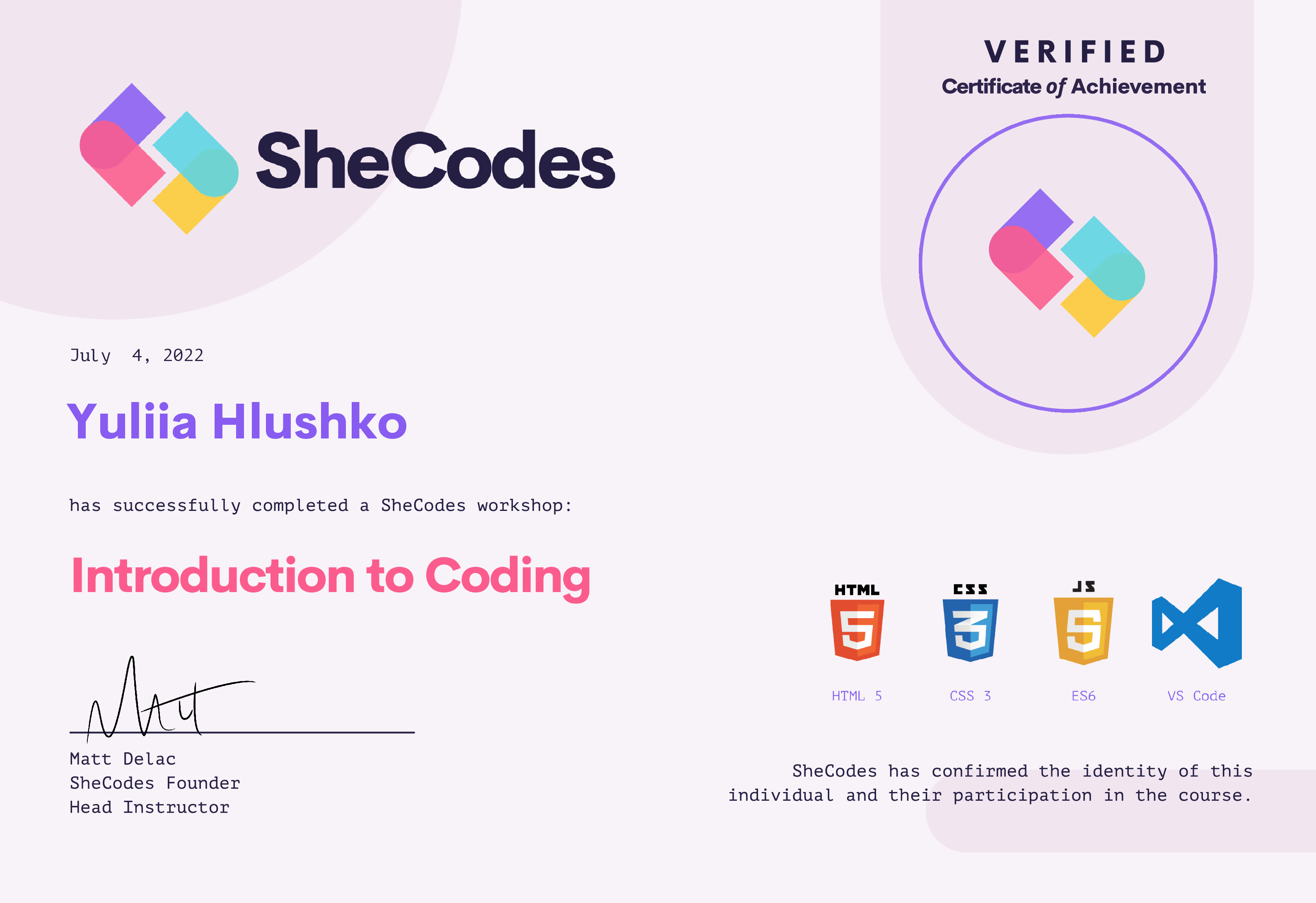 sertificate Basic SheCodes